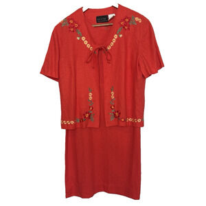 VTG MHM Mellisa Harper Floral Embroidered Cottage Linen Dress Jacket Set Size 8